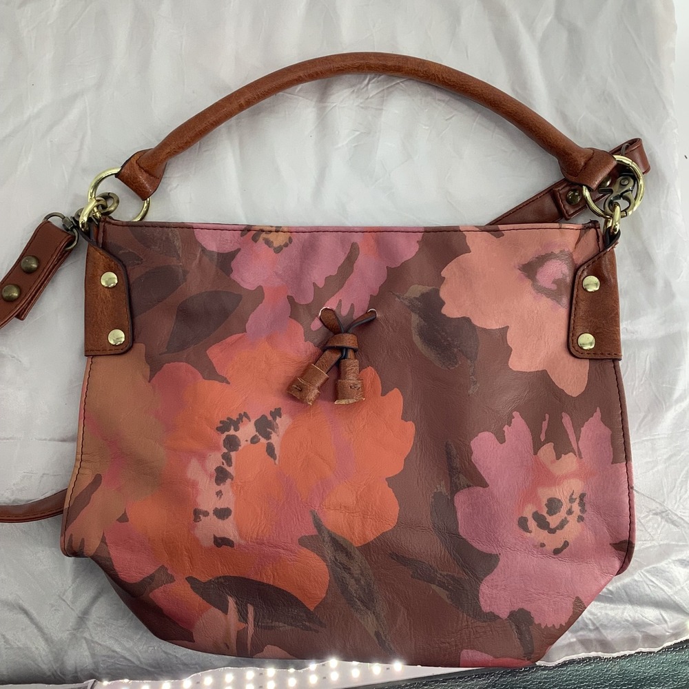 Floral Faux‎ Leather Hobo Bag Brown Pink Crossbody Handbag Brass Hardware